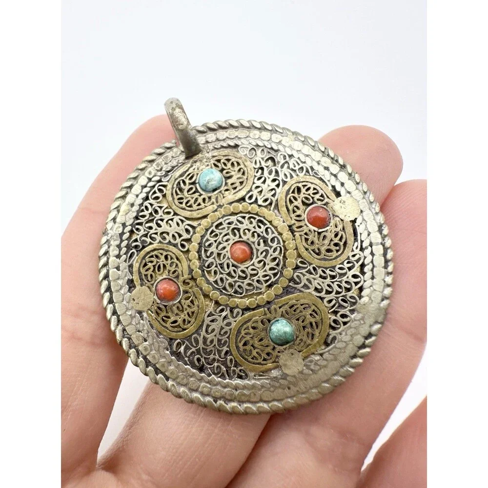 Vtg Tibetan Nepal Coral Turquoise Brass Filigree Double-sided Pendant Amulet